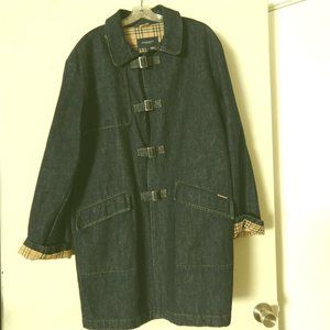Burberry Blue Denim Coat w/Nova Check Lining, Buckle Closure Size Large